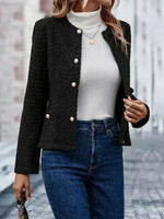 Dame Tweed Jakke - Taljeret Pasform - Rund Hals - Længde til Hofterne - Elegante Knapper