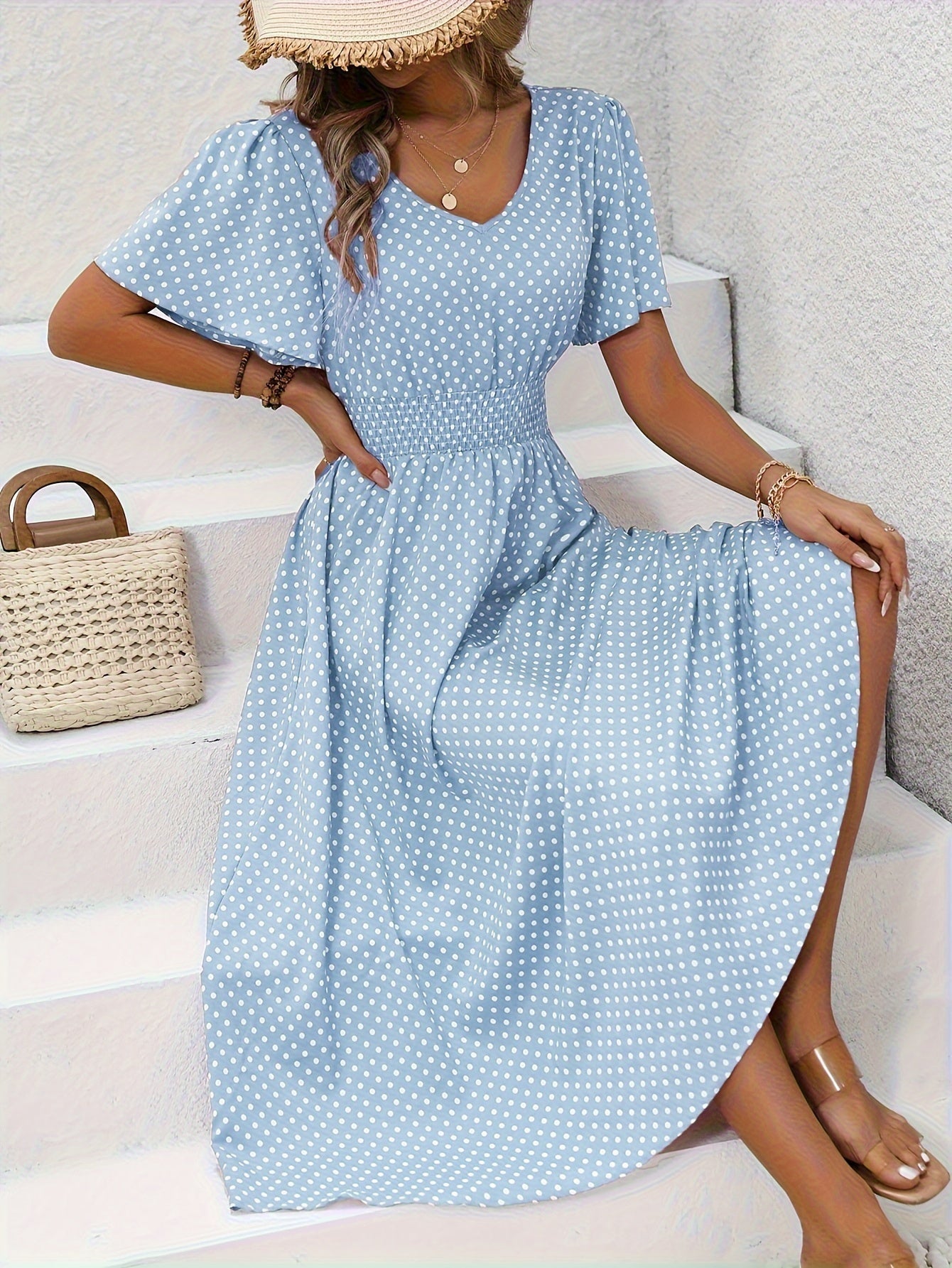 Midi Kjole med Smock Talje | V-Hals | Sommerligt & Feminint Look