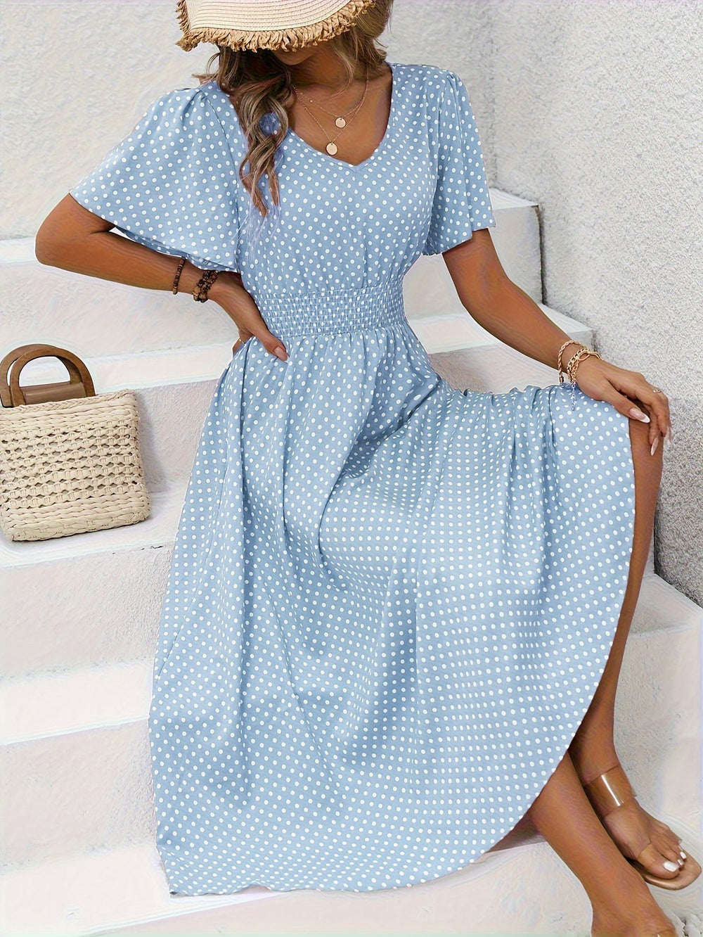 Midi Kjole med Smock Talje | V-Hals | Sommerligt & Feminint Look