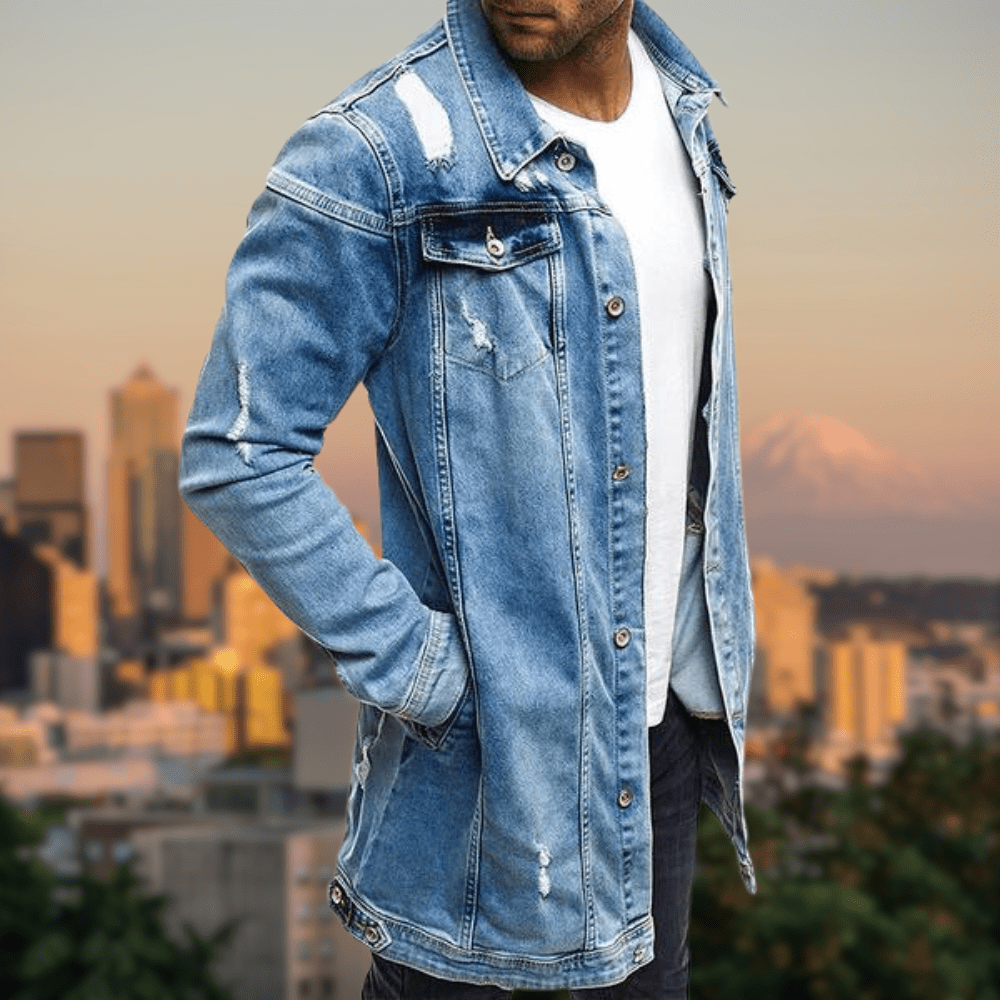 DAVEY - Riftet mellemlang denimjakke