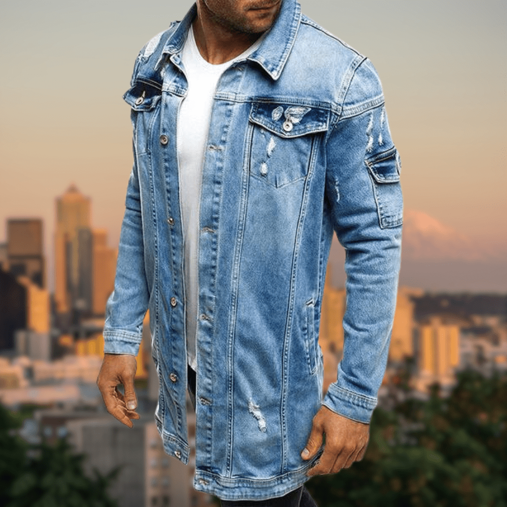 DAVEY - Riftet mellemlang denimjakke