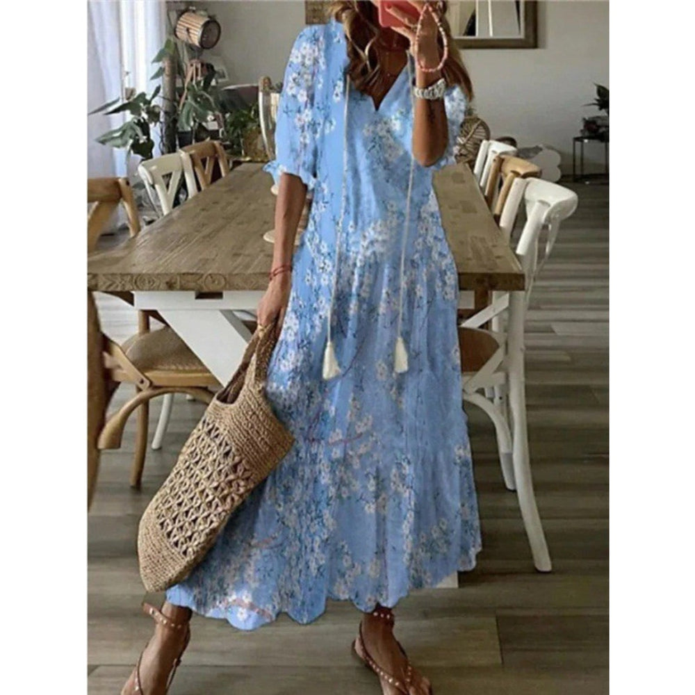 MODA Blå blomsterprintet åndbar sommerkjole