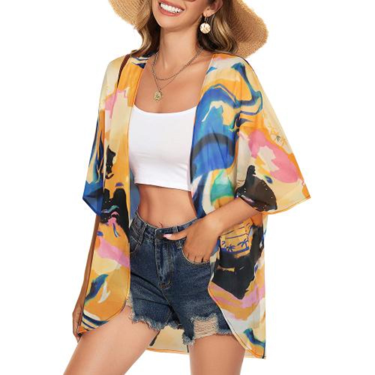 MODA Grå blomsterprintet kimono med v-hals