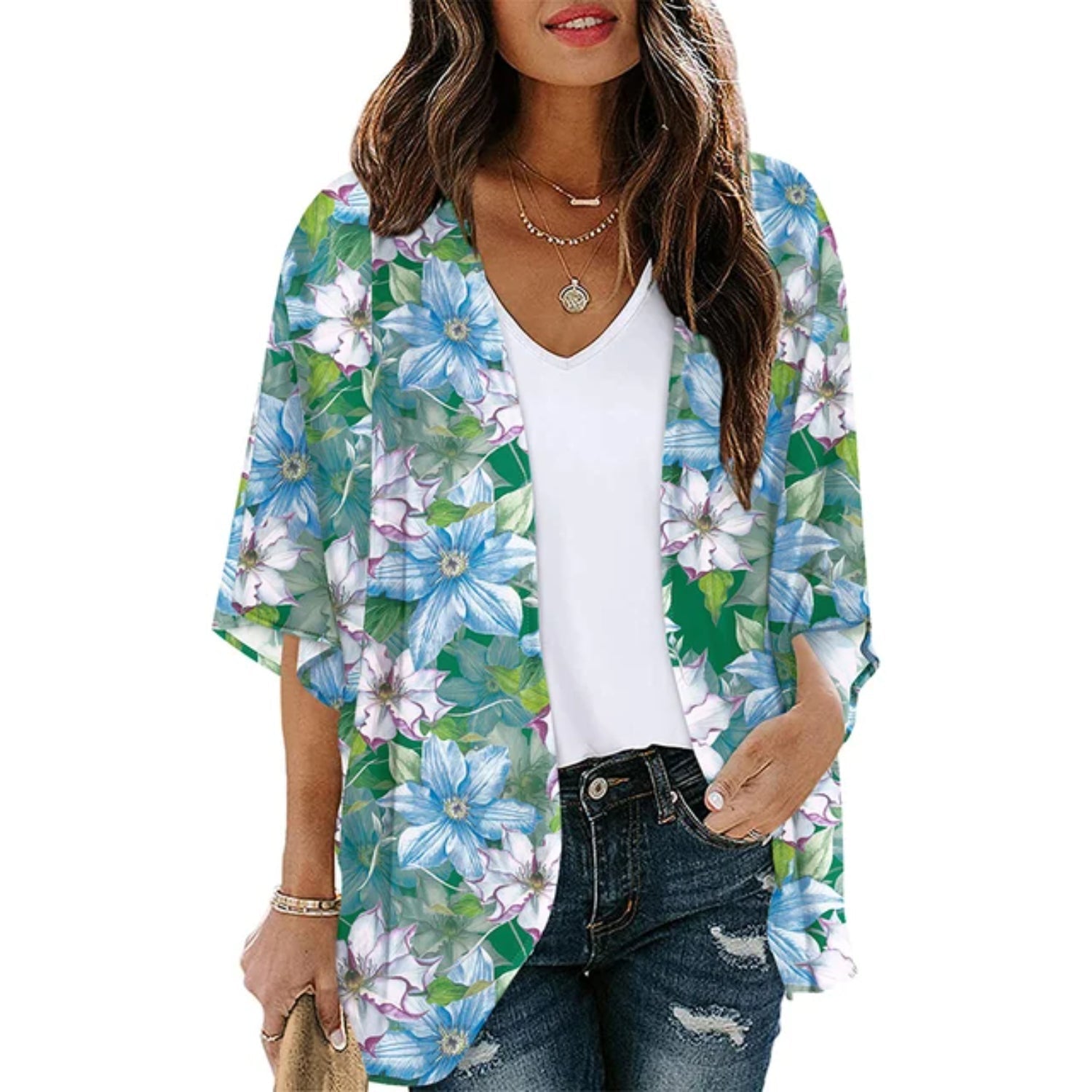 MODA blå printet letvægts-kimono med v-hals