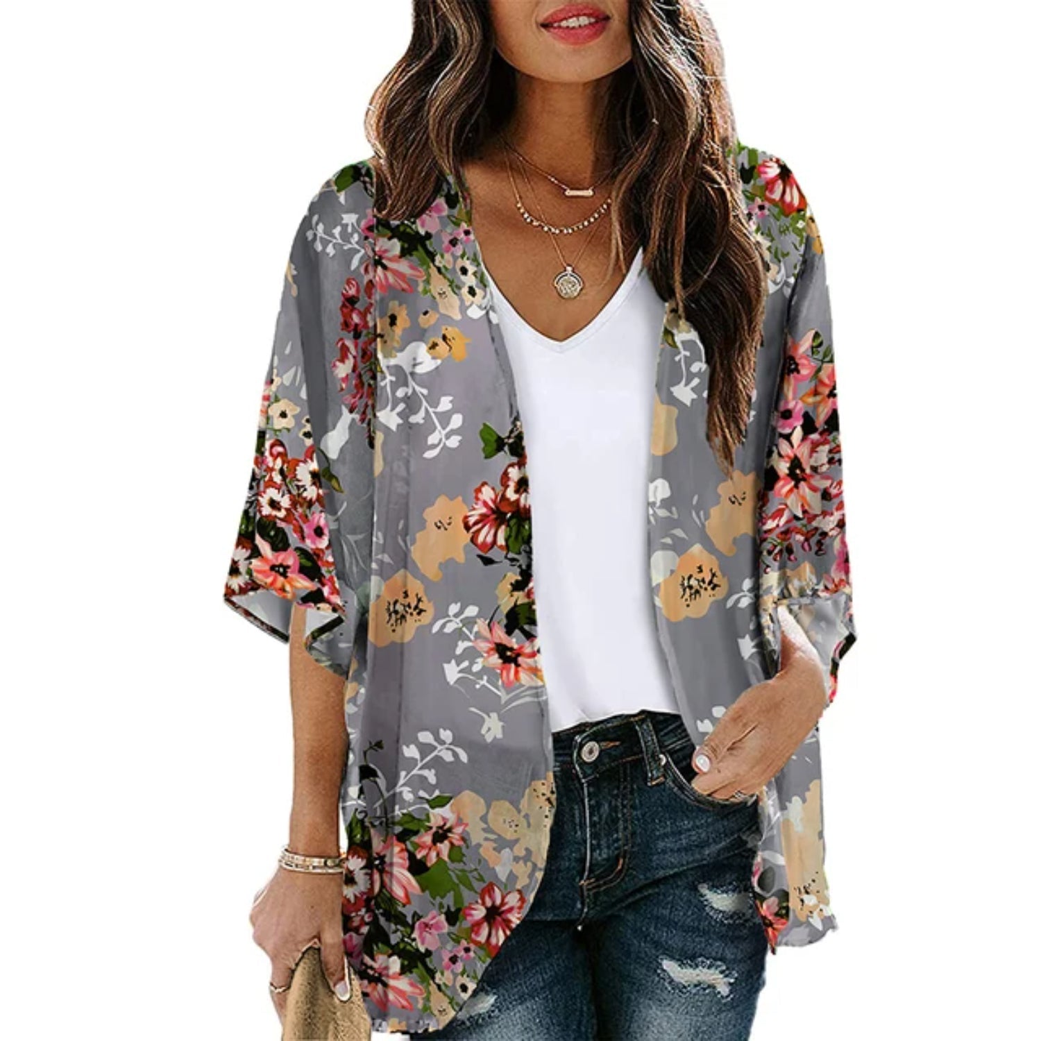 MODA blå printet letvægts-kimono med v-hals