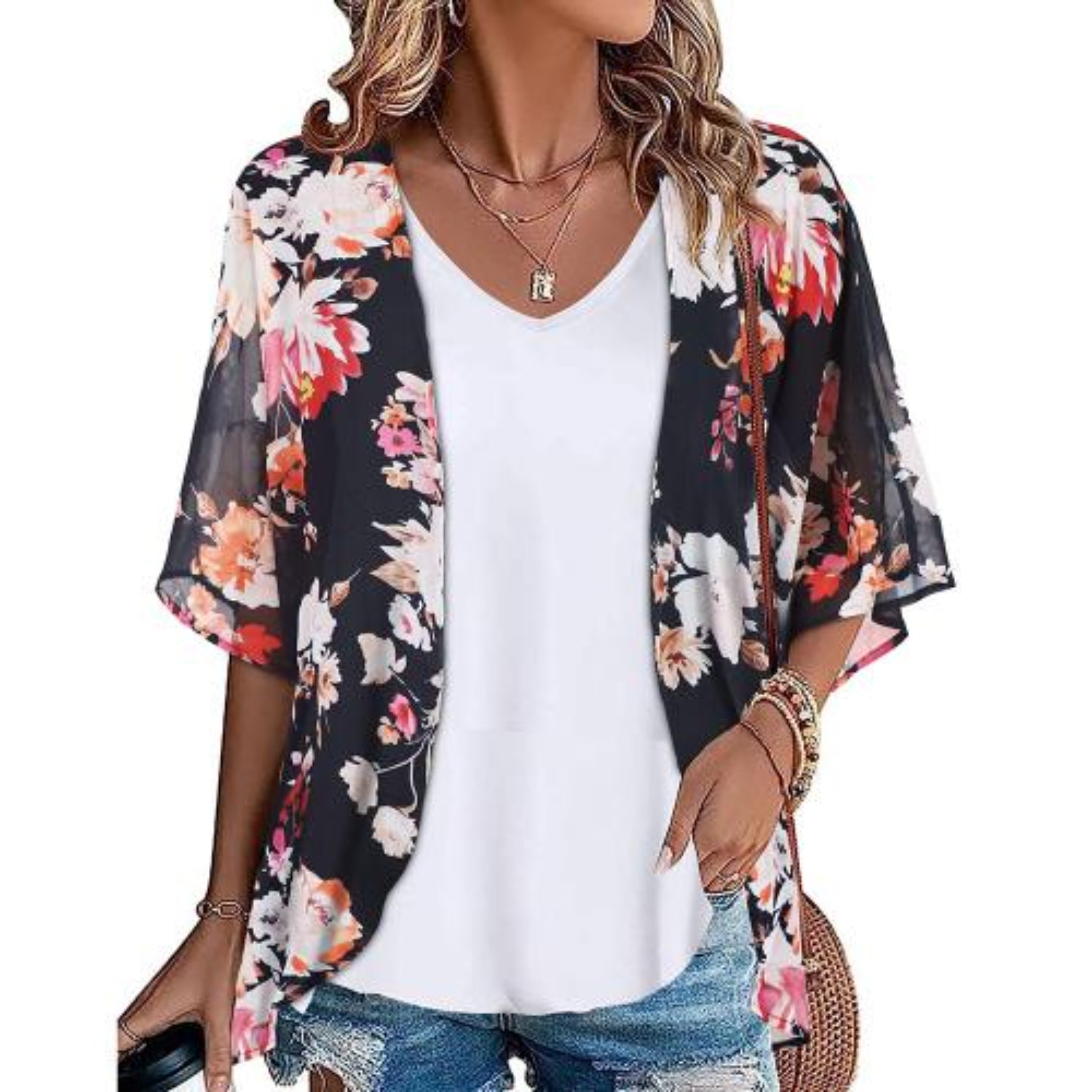 MODA Grå blomsterprintet kimono med v-hals