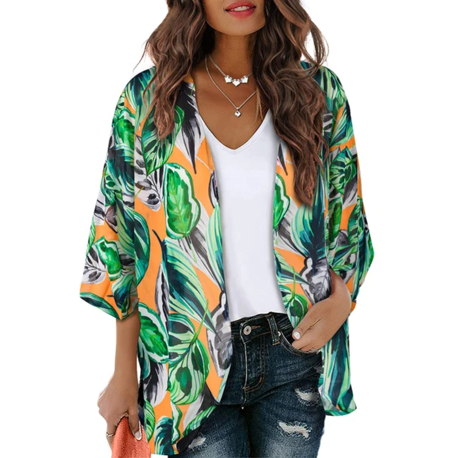 MODA blå printet letvægts-kimono med v-hals