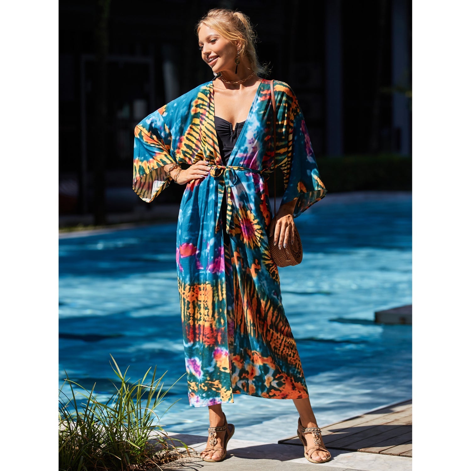 MODA blå bomuldsprintet stribet kimono