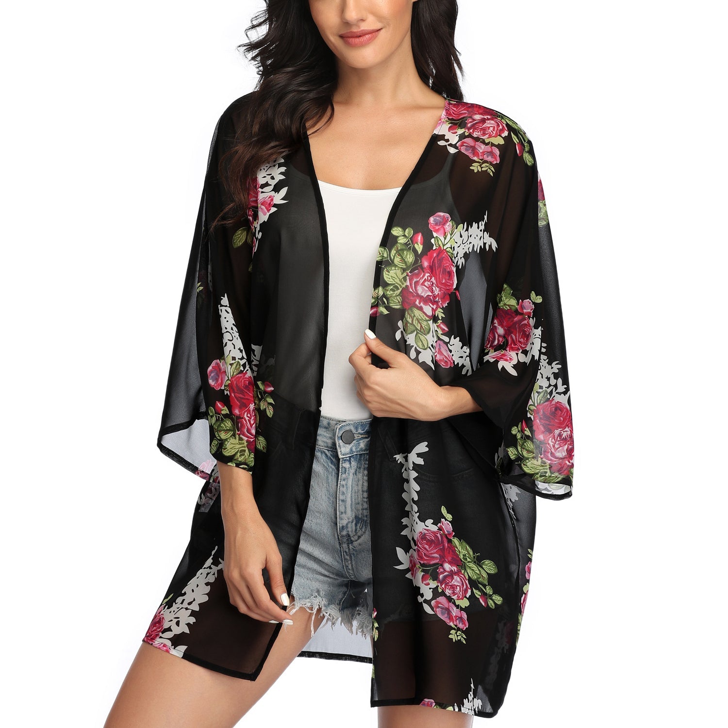 MODA Sort letvægts-kimono med geometrisk print