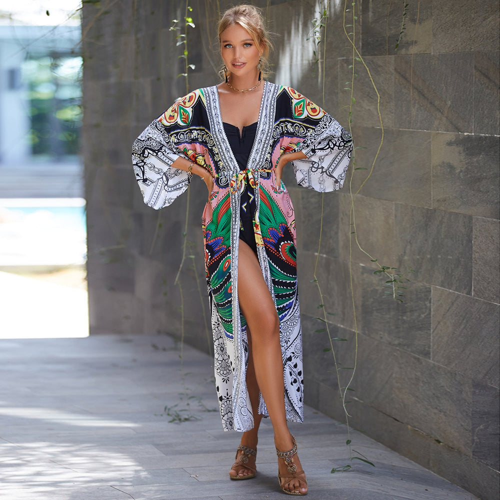 MODA blå bomuldsprintet stribet kimono