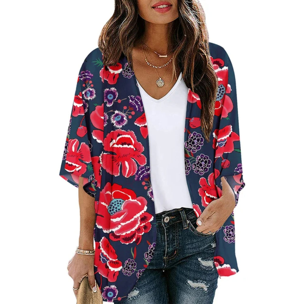 MODA blå printet letvægts-kimono med v-hals