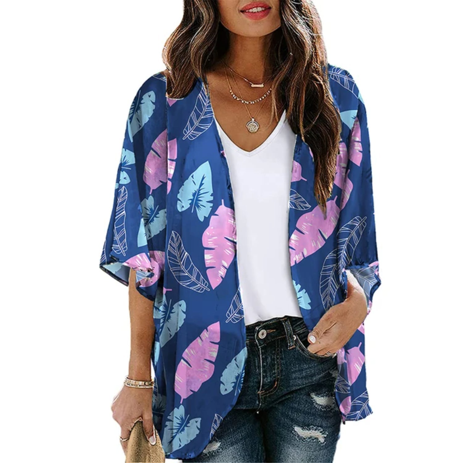 MODA blå printet letvægts-kimono med v-hals