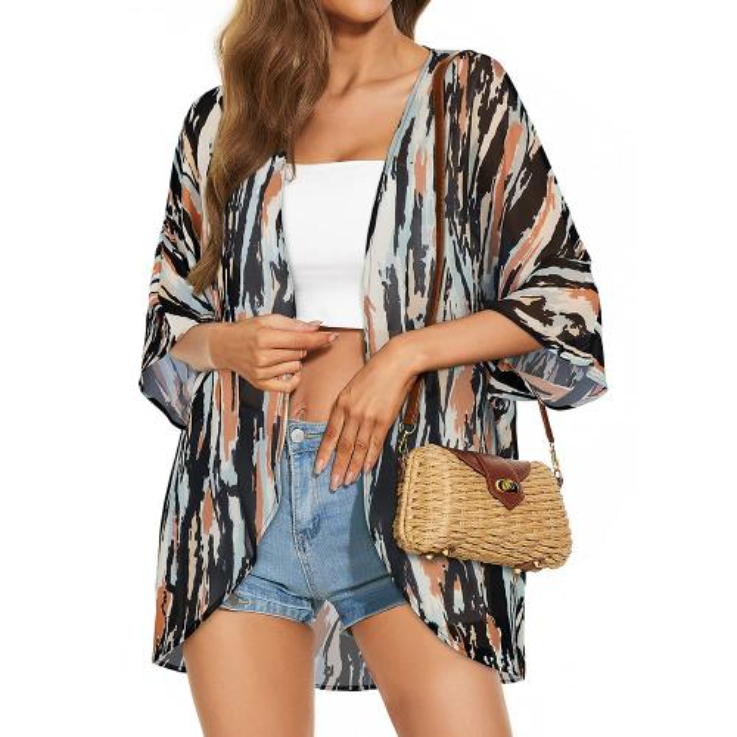 MODA Grå blomsterprintet kimono med v-hals
