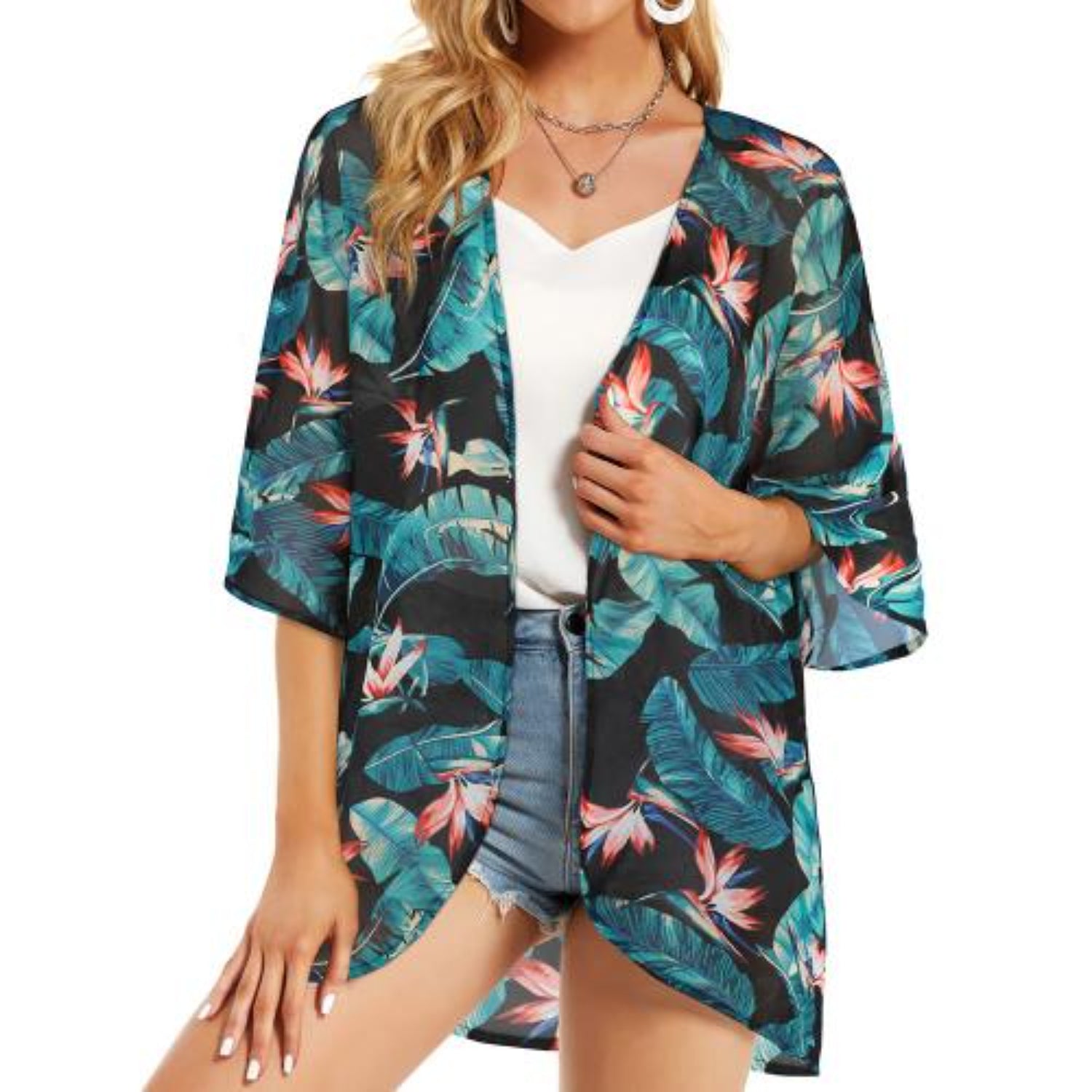 MODA Grå blomsterprintet kimono med v-hals