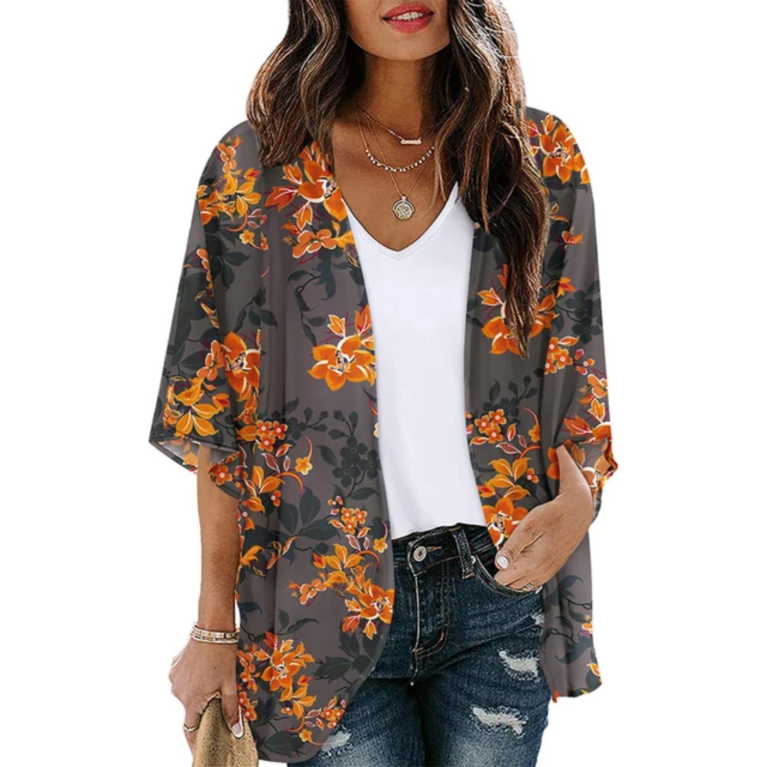 MODA blå printet letvægts-kimono med v-hals