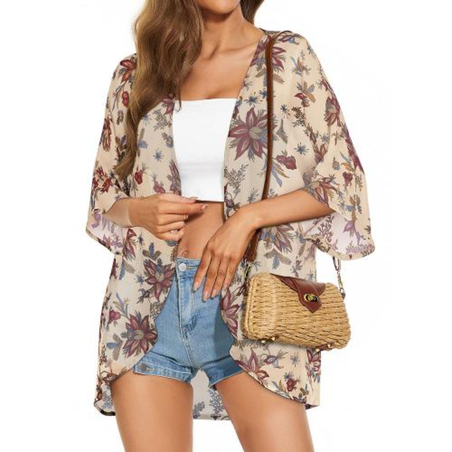 MODA Grå blomsterprintet kimono med v-hals