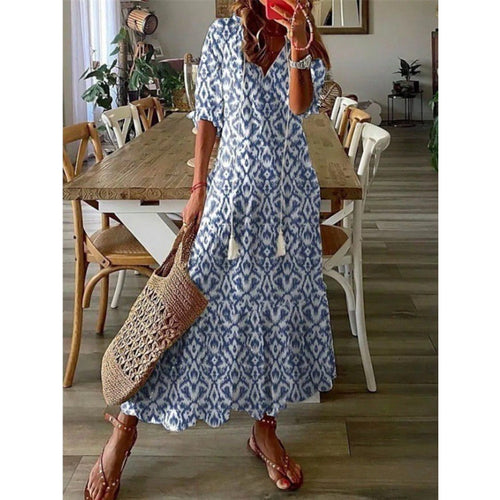 MODA Blå blomsterprintet åndbar sommerkjole
