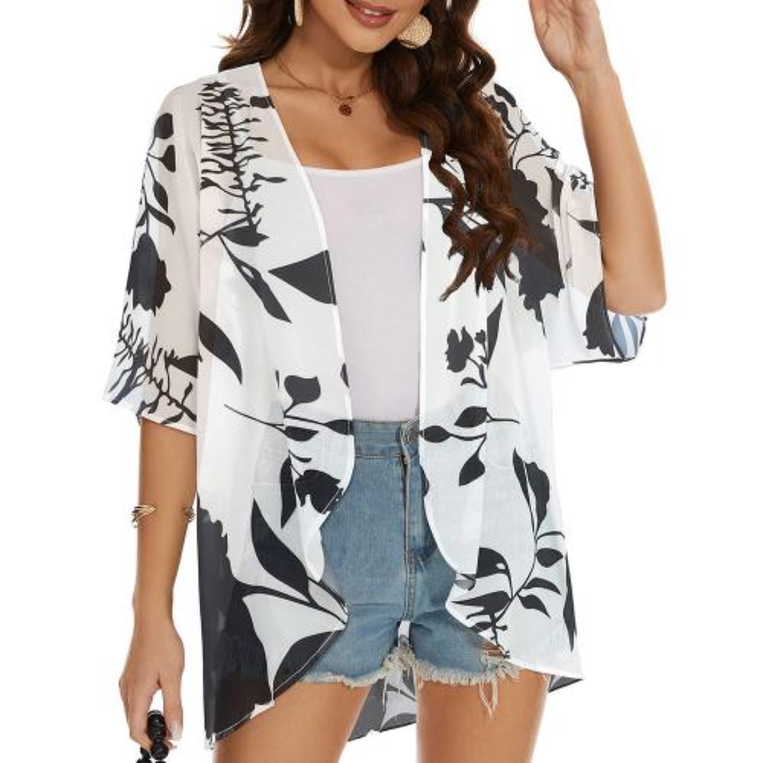 MODA Grå blomsterprintet kimono med v-hals