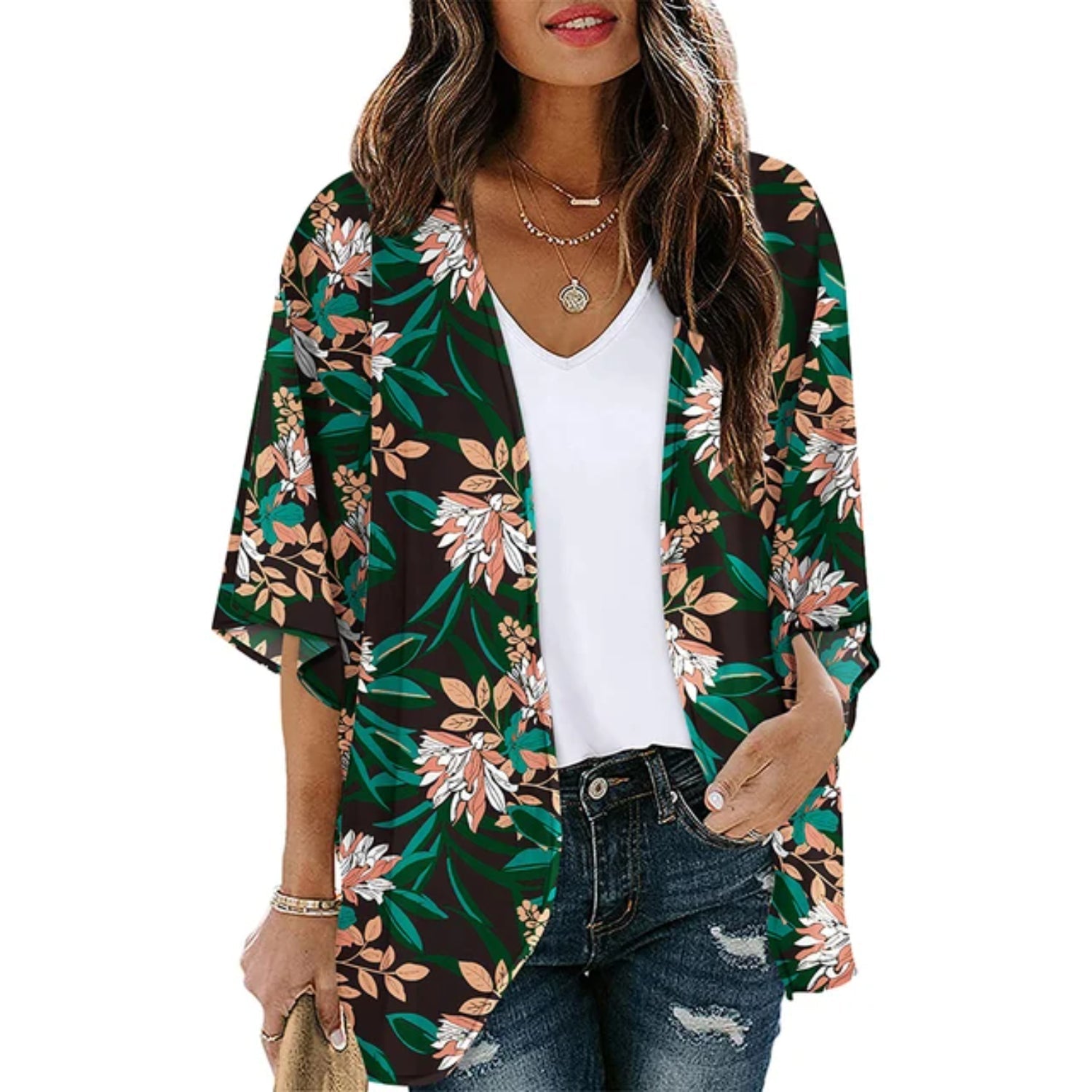 MODA blå printet letvægts-kimono med v-hals