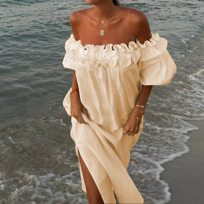 Elena - Romantisk off-the-shoulder kjole med flæser
