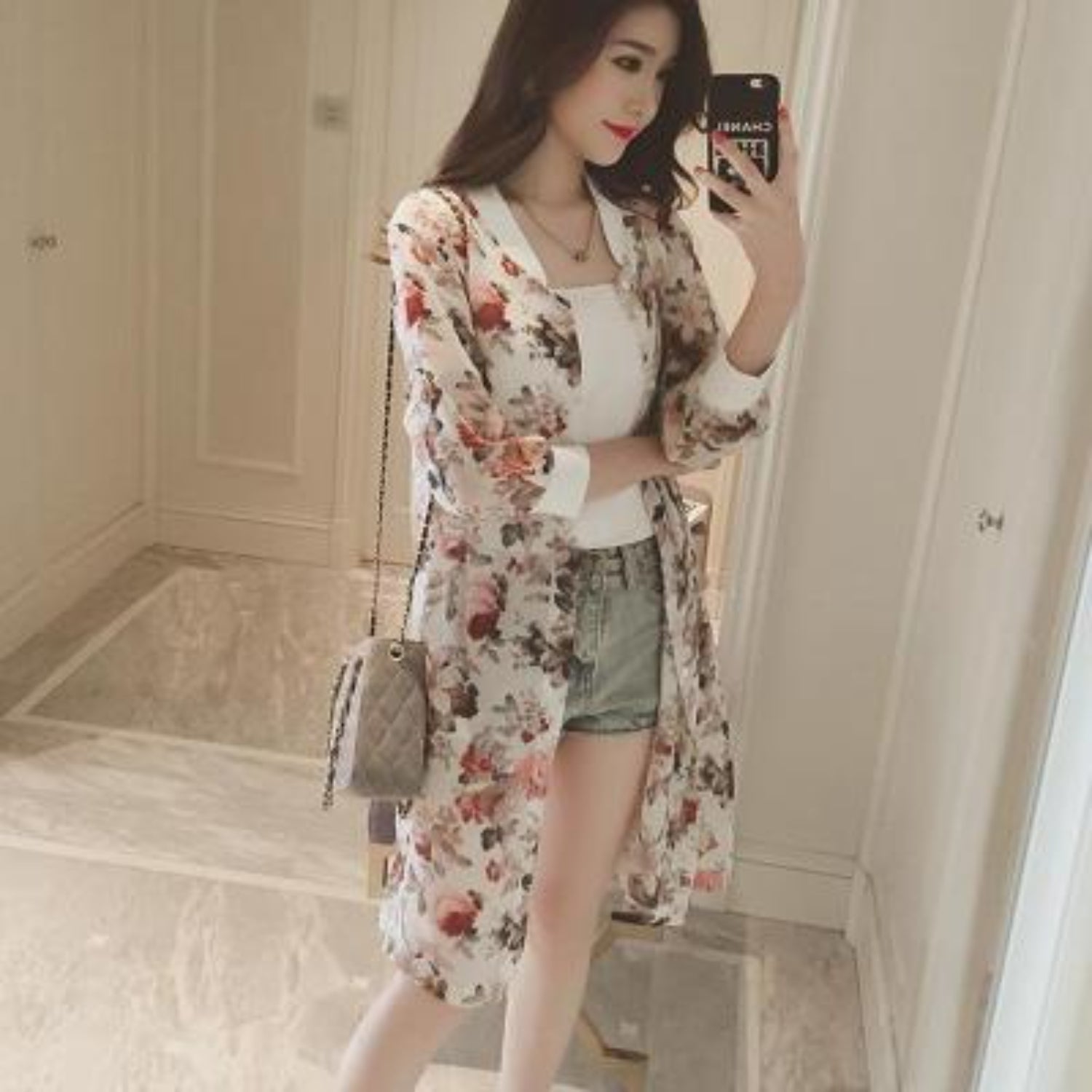 MODA sort tynd printet letvægts kimono