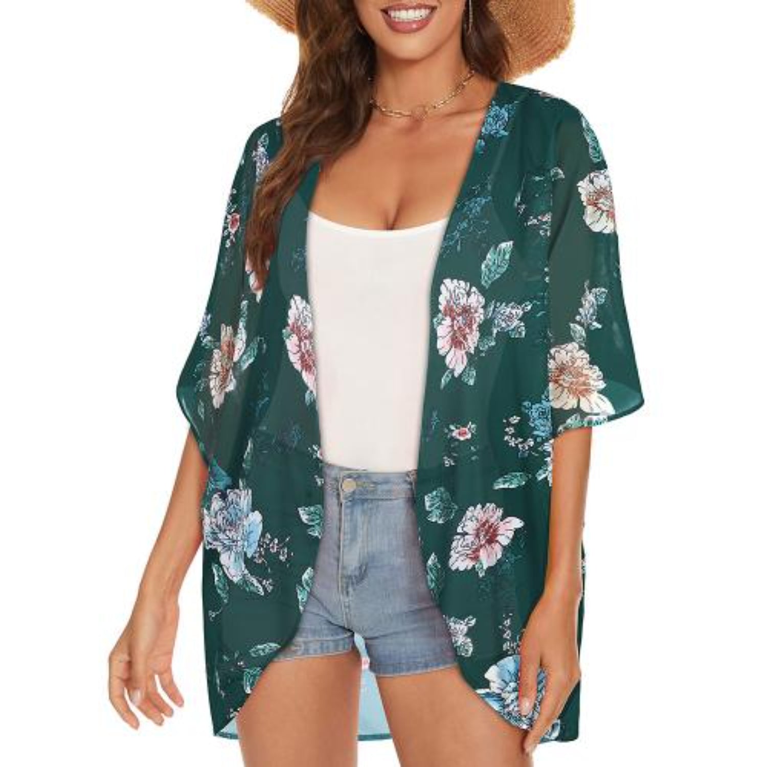MODA Grå blomsterprintet kimono med v-hals