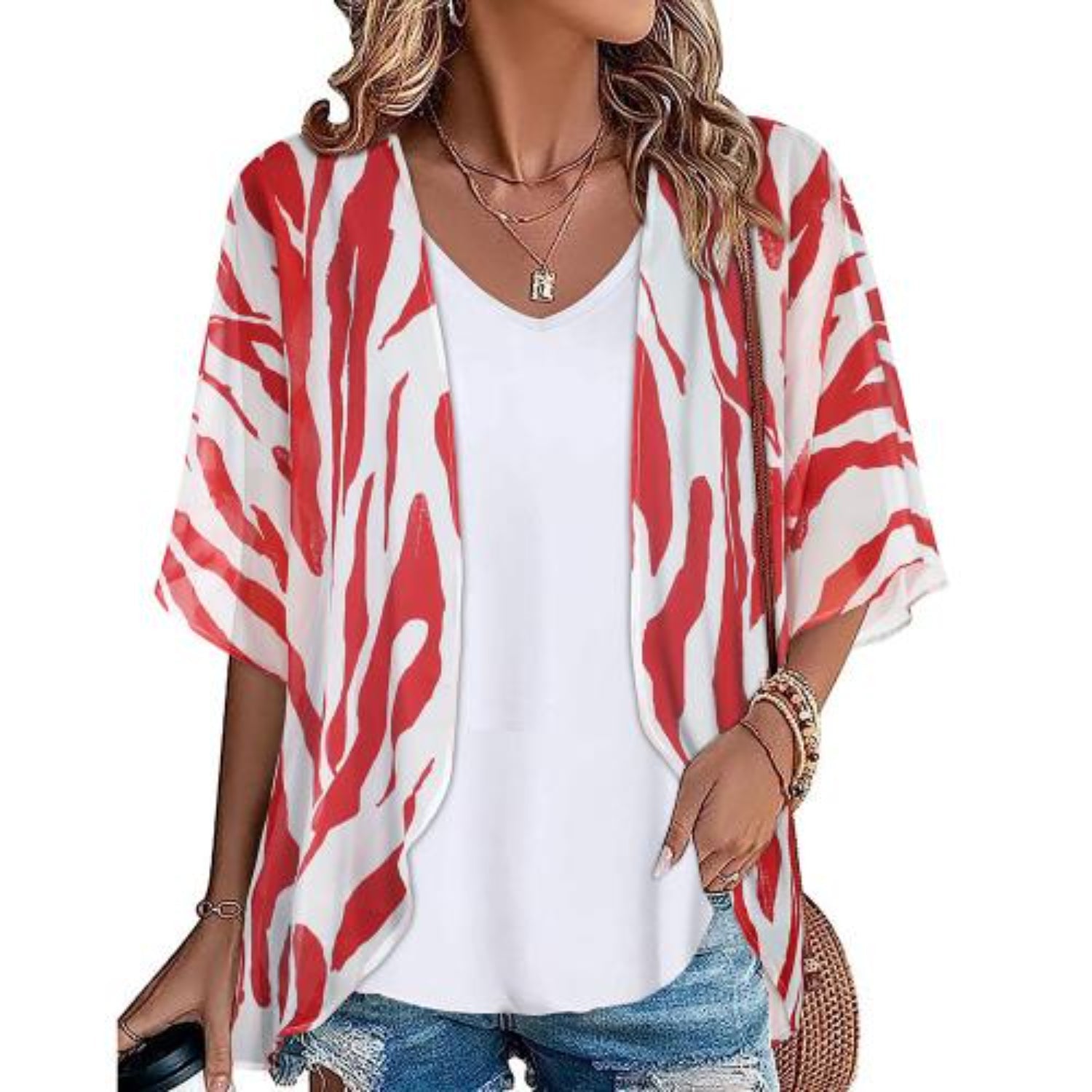 MODA Grå blomsterprintet kimono med v-hals