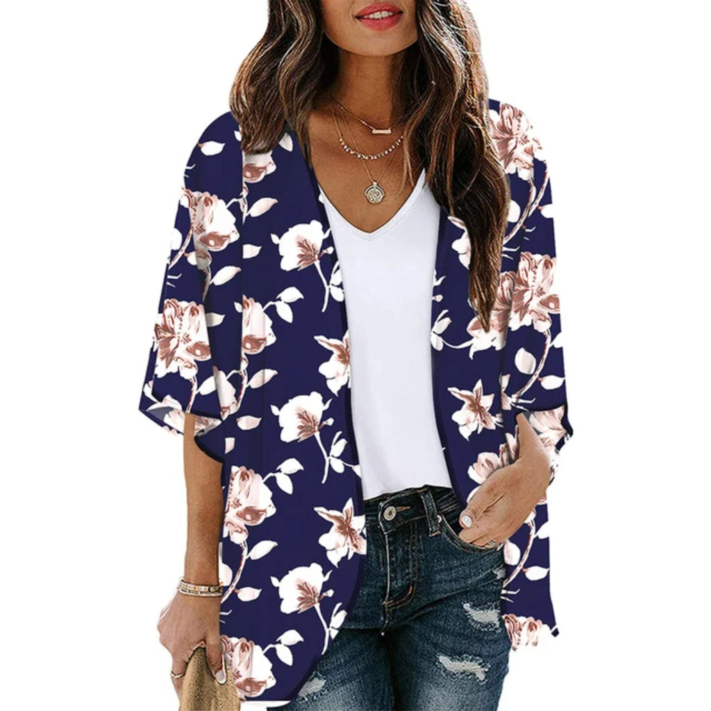 MODA blå printet letvægts-kimono med v-hals