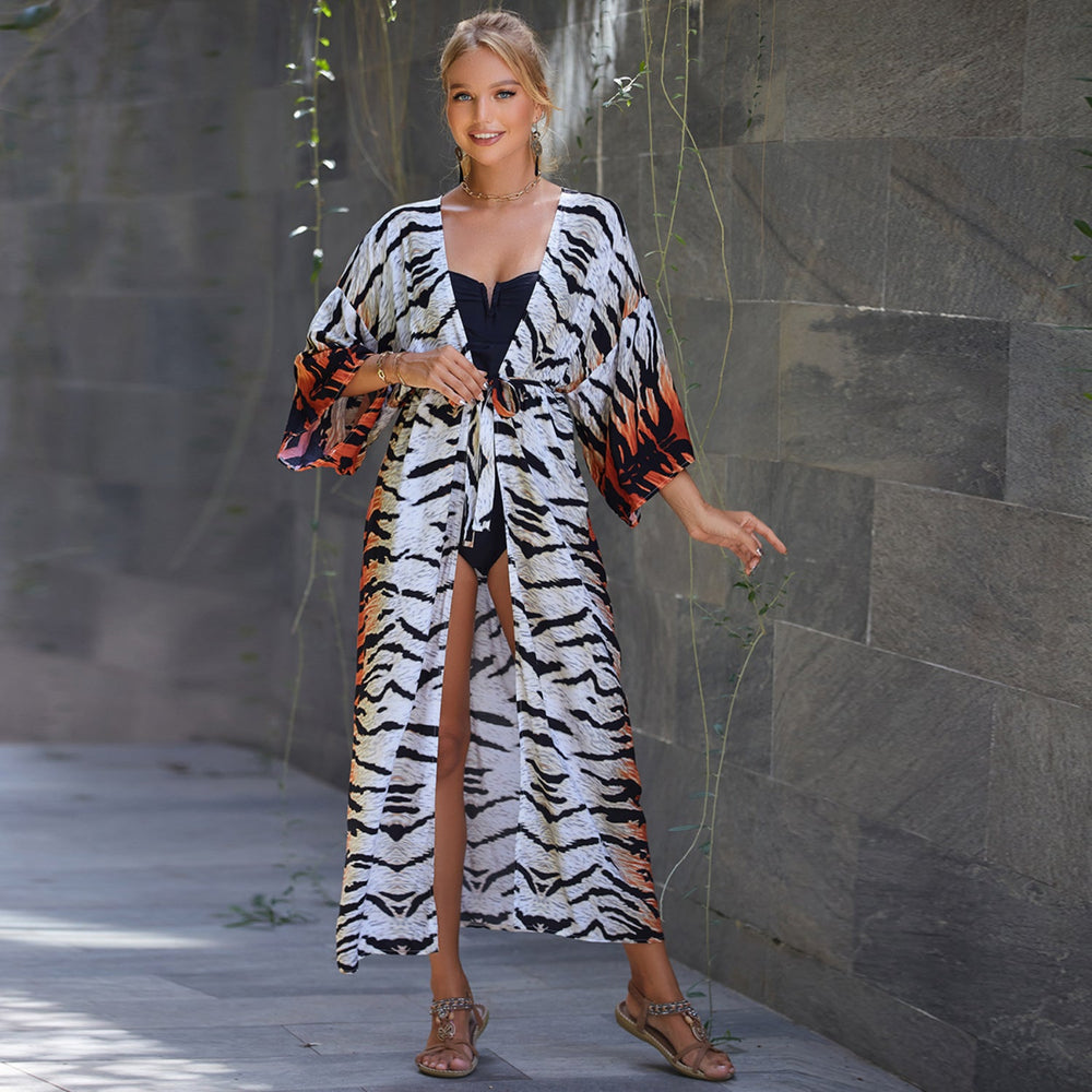 MODA blå bomuldsprintet stribet kimono