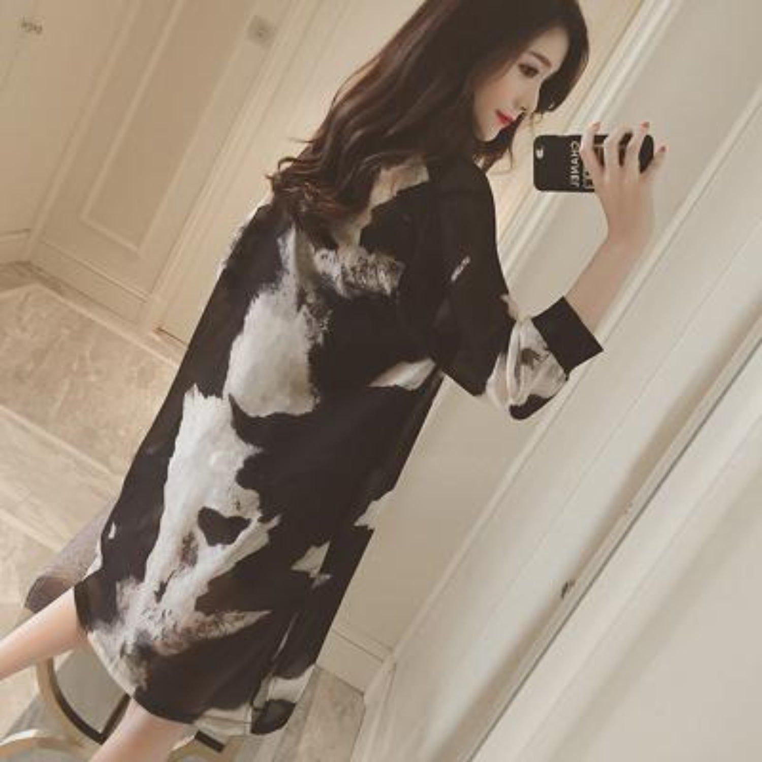 MODA sort tynd printet letvægts kimono