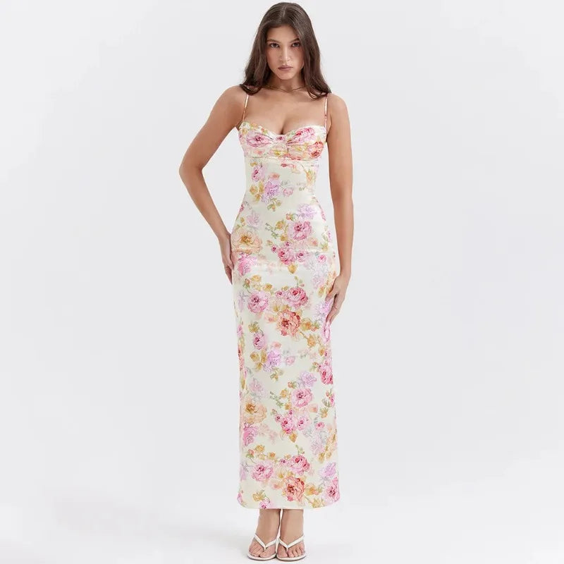 Fiona - Midikjole i satin med blomstret bustier