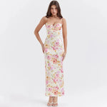 Fiona - Midikjole i satin med blomstret bustier