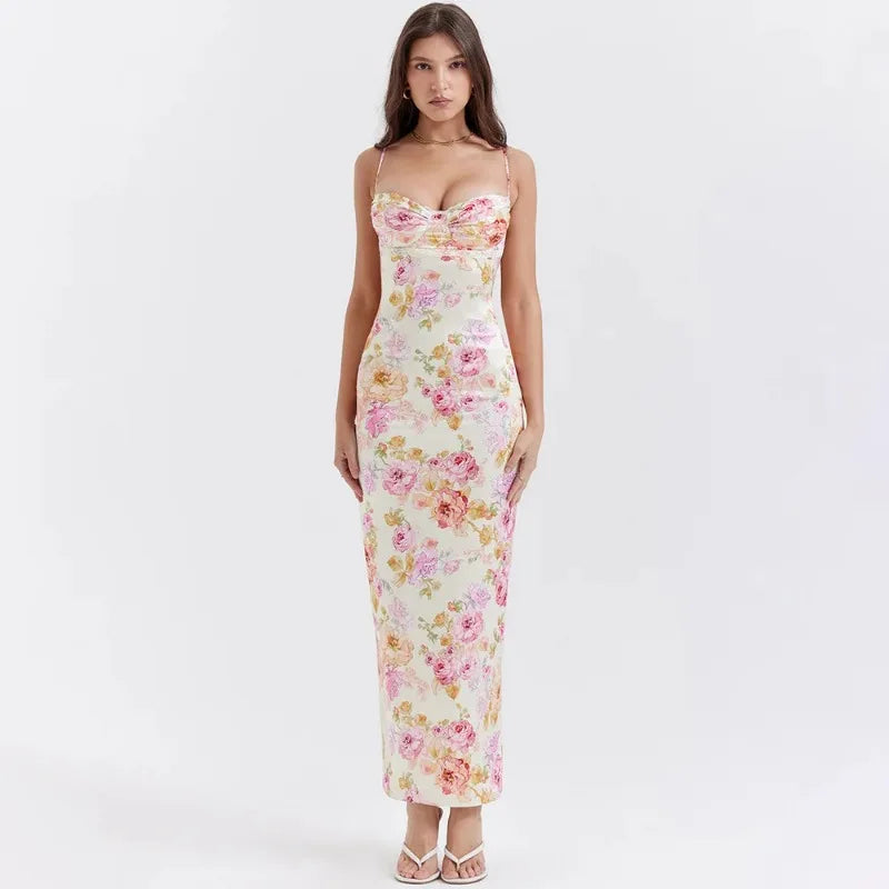 Fiona - Midikjole i satin med blomstret bustier