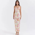 Fiona - Midikjole i satin med blomstret bustier