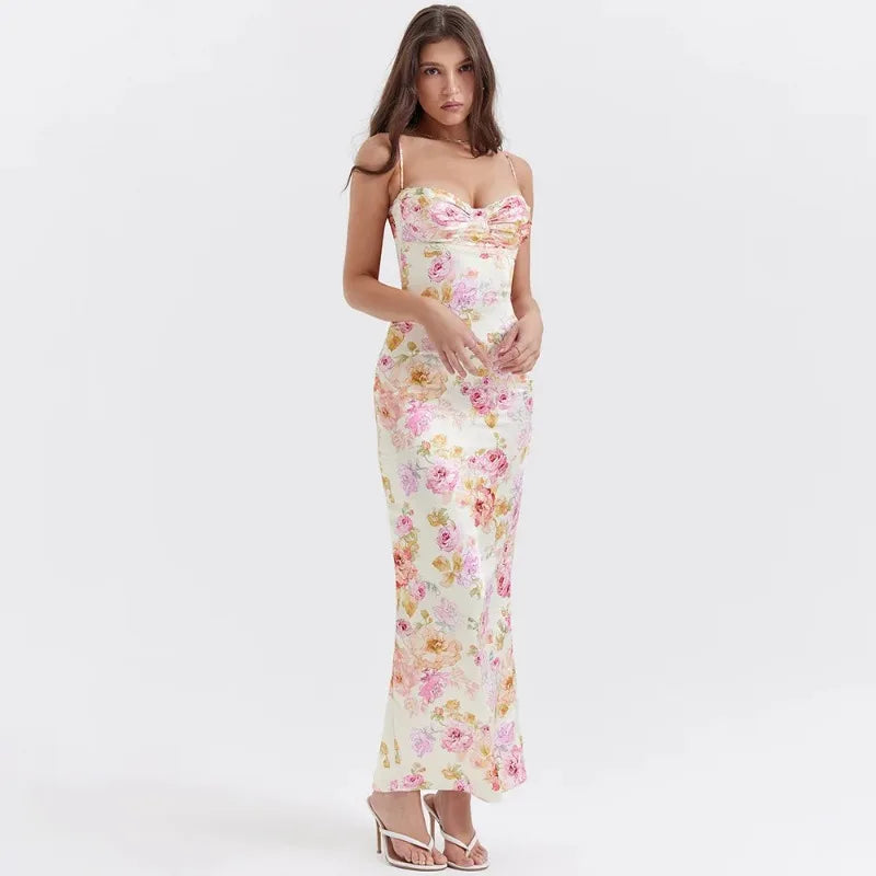 Fiona - Midikjole i satin med blomstret bustier