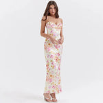 Fiona - Midikjole i satin med blomstret bustier