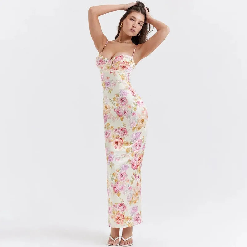 Fiona - Midikjole i satin med blomstret bustier