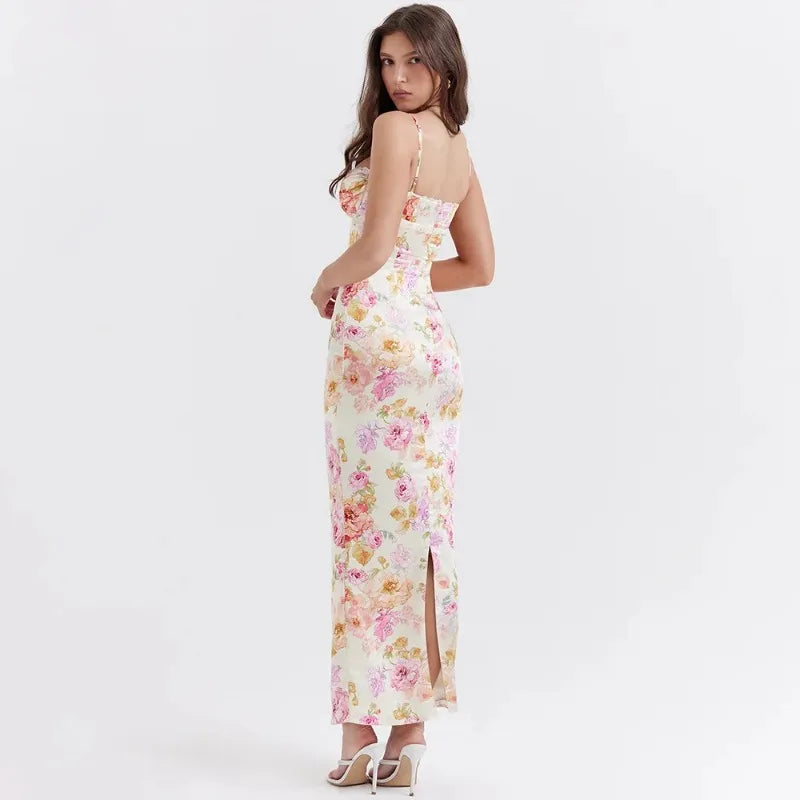 Fiona - Midikjole i satin med blomstret bustier