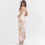 Fiona - Midikjole i satin med blomstret bustier