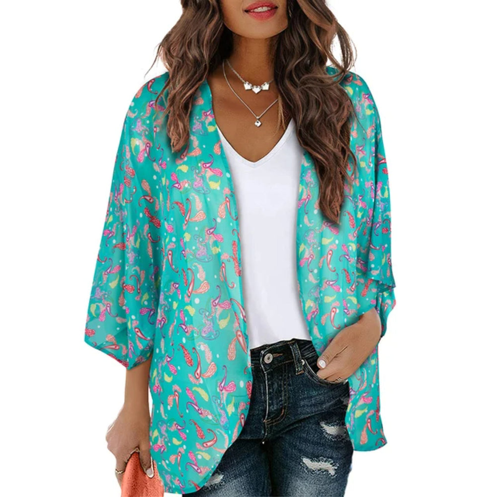 MODA blå printet letvægts-kimono med v-hals