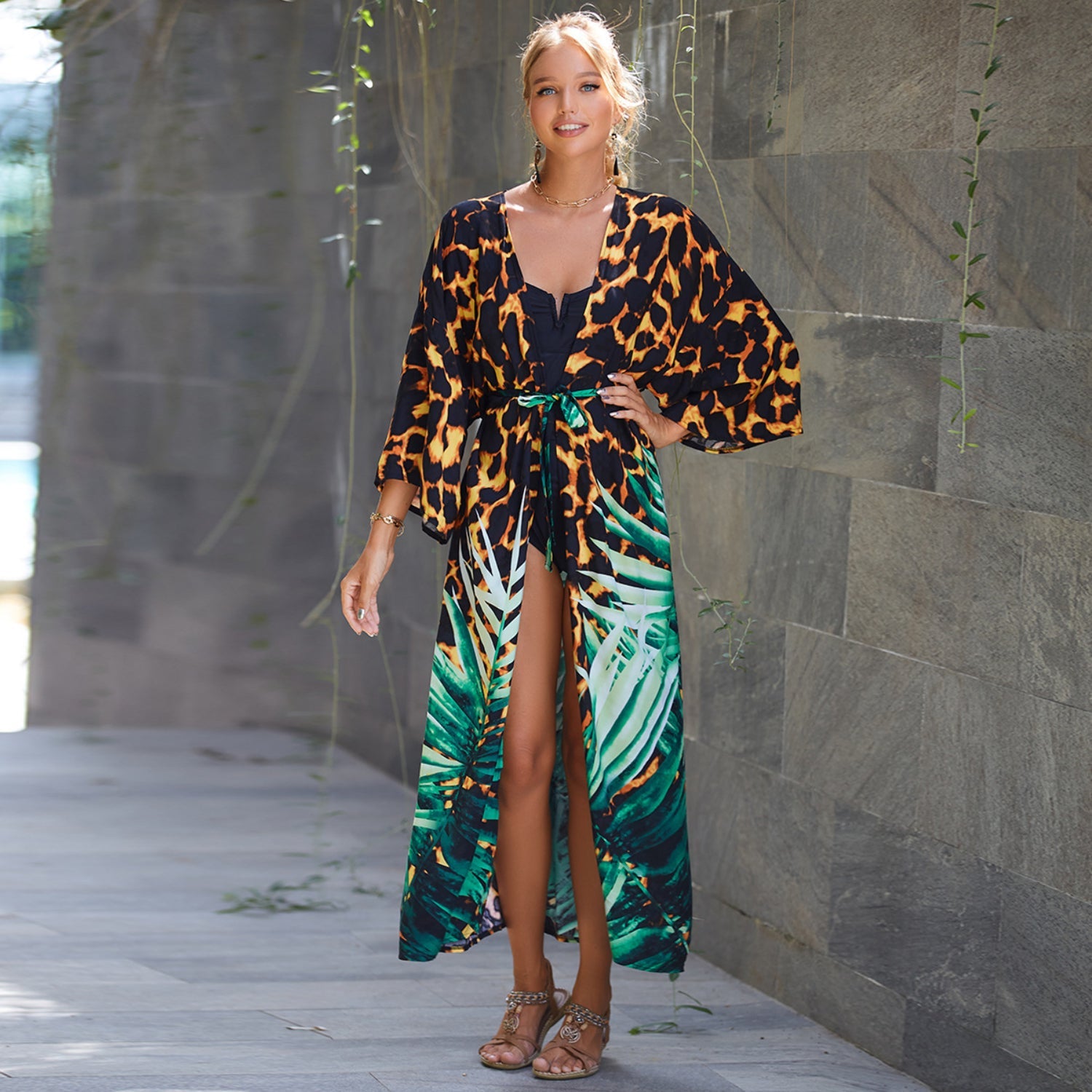 MODA blå bomuldsprintet stribet kimono