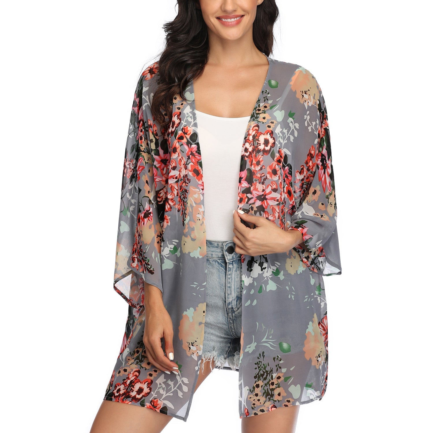 MODA Sort letvægts-kimono med geometrisk print