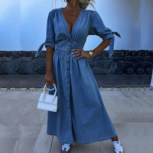 Denim Maxikjole med Knapper | Casual & Feminint | Moderne Look