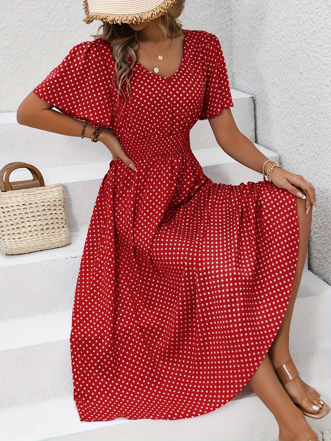 Midi Kjole med Smock Talje | V-Hals | Sommerligt & Feminint Look