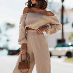 Helena off-the-shoulder crop top og brede ben bukser sæt