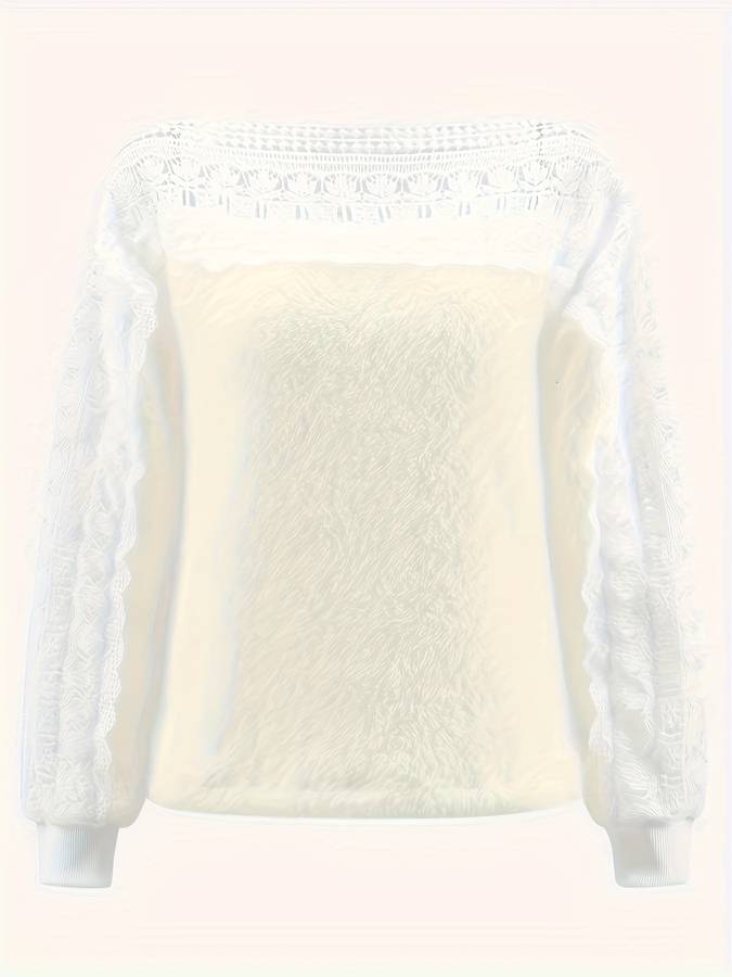 Langærmet T-shirt med udskårne blondesømme