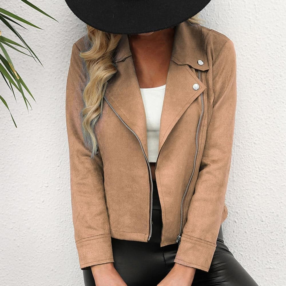 Dame Bikerjakke - Ægte Ruskind - Asymmetrisk Lynlås - Slim Fit - Klassisk Stil