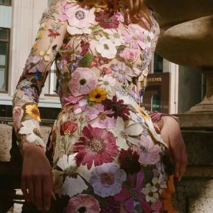 Felicity - Transparent Kjole med Blomsterapplikationer og Lange Ærmer