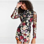 Felicity - Transparent Kjole med Blomsterapplikationer og Lange Ærmer