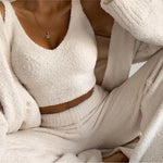 Luxe Cozy - Fuzzy Strik Cardigan og Højtaljede Bukser Sæt